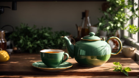 Beautiful kettle with tea in the kitchenの素材