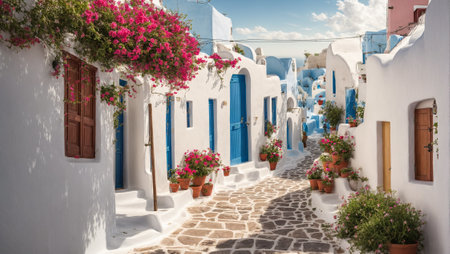 Beautiful street with flowers, Santorini, Greeceの素材