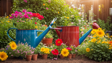 Garden watering cans, color in flowerpots in the summer gardenの素材