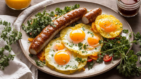 Appetizing breakfast with fried eggs, sausages, tomatoes in the kitchenの素材