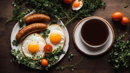 Appetizing breakfast with fried eggs, sausages, tomatoes in the kitchenの素材