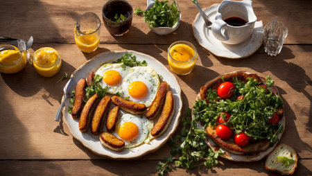 Appetizing breakfast with fried eggs, sausages, tomatoes in the kitchenの素材