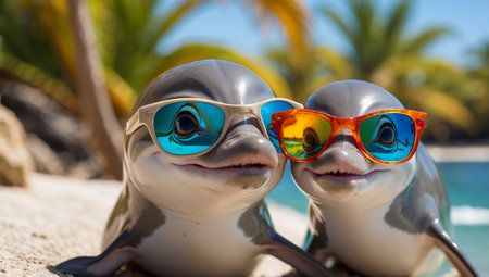 Cute funny cartoon dolphin wearing sunglassesの素材