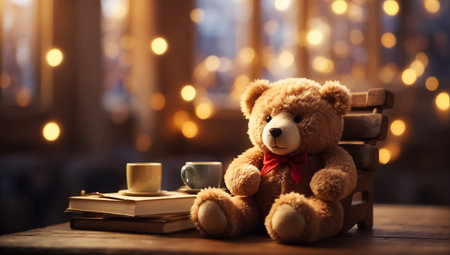 Cute teddy bear toy with a book in the roomの素材