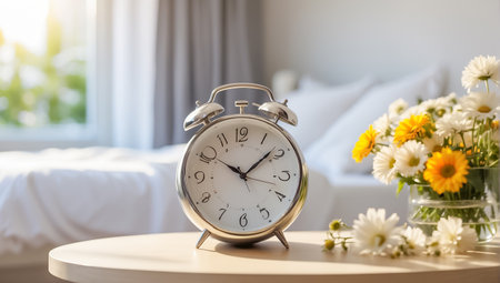 Round clock alarm clock in the bedroom, flowers morningの素材