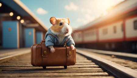 Cute funny cartoon hamster in clothes with a suitcase on the platformの素材