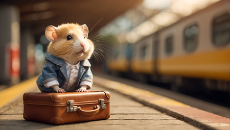 Cute funny cartoon hamster in clothes with a suitcase on the platformの素材