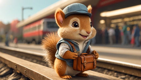 Cute funny cartoon squirrel in clothes with a suitcase on the platformの素材