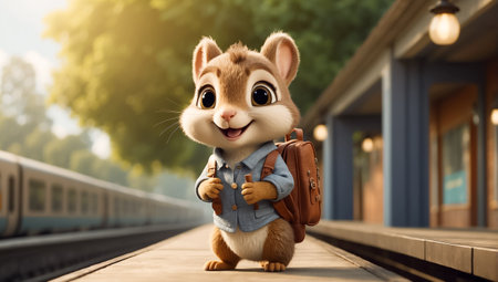 Cute funny cartoon squirrel in clothes with a suitcase on the platformの素材