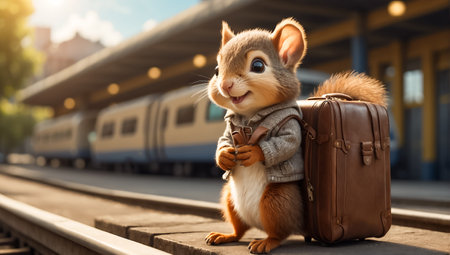 Cute funny cartoon squirrel in clothes with a suitcase on the platformの素材