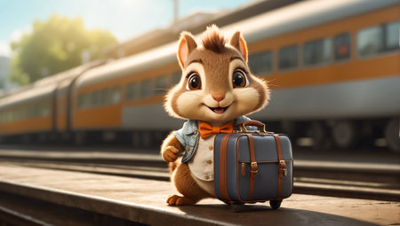 Cute funny cartoon squirrel in clothes with a suitcase on the platformの素材