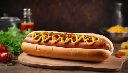 Delicious appetizing hot dog with ketchup, mustard, lettuce on the tableの素材