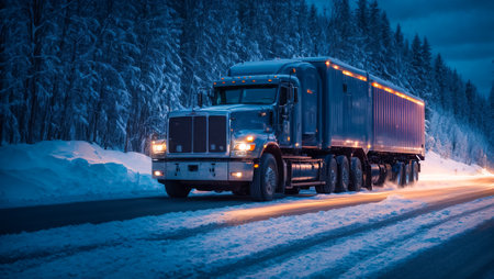 Truck driving on winter night roadの素材