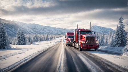 Truck driving along a winter road during the dayの素材
