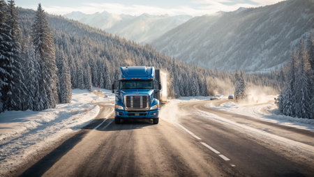 Truck driving along a winter road during the dayの素材