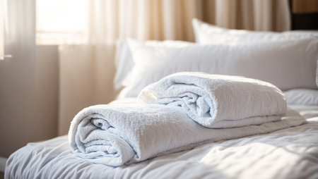 White fresh clean towels on the bedの素材