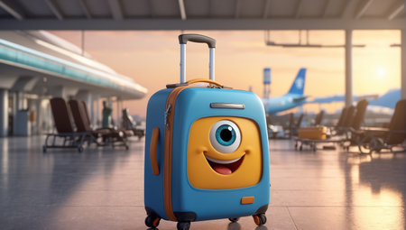Cute cartoon suitcase with eyes and smile at the airportの素材