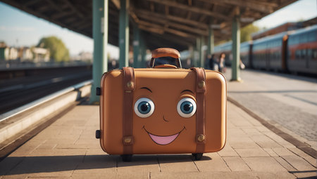 Cute cartoon suitcase with eyes and smile on the platformの素材