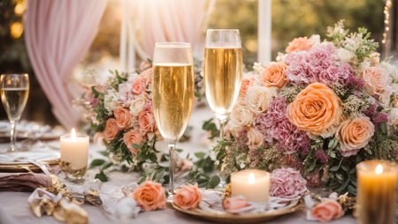 Beautiful bridal bouquet, glass of champagneの素材
