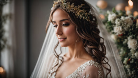 Portrait of a beautiful bride with flowersの素材