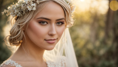 Portrait of a beautiful bride with flowers in natureの素材