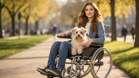 Happy girl in a wheelchair with a dog in the parkの素材