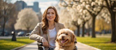 Happy girl in a wheelchair with a dog in the parkの素材