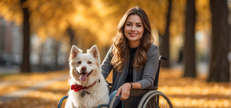 Happy girl in a wheelchair with a dog in the parkの素材