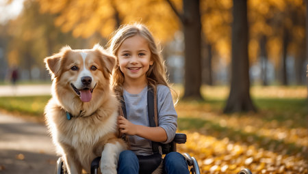 Happy little girl in a wheelchair with a dog in the parkの素材