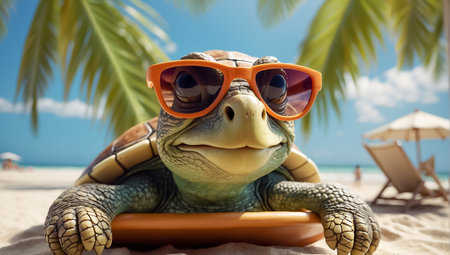 cute funny cartoon turtle on the beach wearing sunglassesの素材