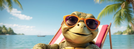 cute funny cartoon turtle on the beach wearing sunglassesの素材