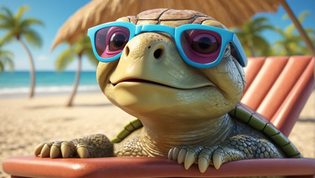 cute funny cartoon turtle on the beach wearing sunglassesの素材