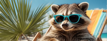 cute funny cartoon raccoon on the beach wearing sunglassesの素材