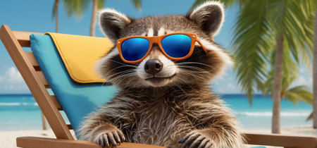 cute funny cartoon raccoon on the beach wearing sunglassesの素材