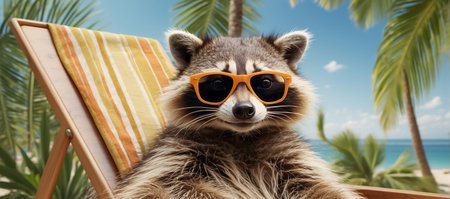 cute funny cartoon raccoon on the beach wearing sunglassesの素材