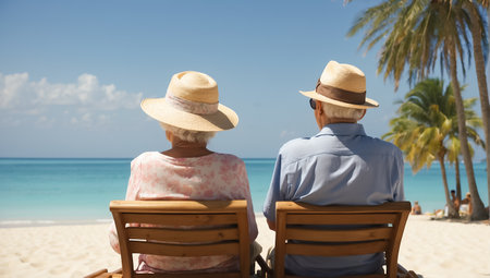 Elderly couple in sun loungers on the seashore, summer, sun, beachの素材