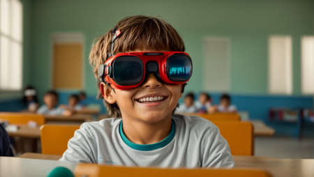portrait of a schoolboy wearing virtual reality glasses at schoolの素材
