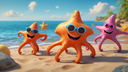 cute cartoon octopuses wearing sunglasses on the beachの素材