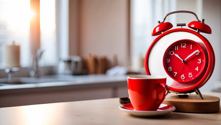 Alarm clock, cup of coffee on the tableの素材