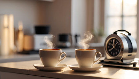 Alarm clock, cup of coffee on the tableの素材