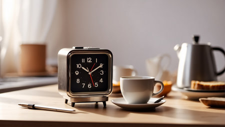 Alarm clock, cup of coffee on the tableの素材