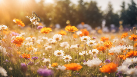 Summer meadow with magnificent flowers, butterflyの素材