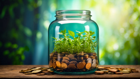 Glass jar Coins and green sproutsの素材