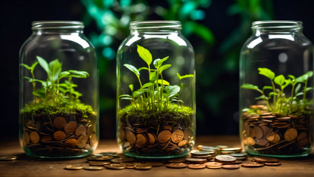 Glass jar Coins and green sproutsの素材