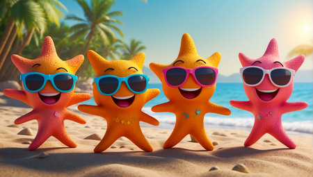cute cartoon colorful starfish wearing sunglasses on the beachの素材