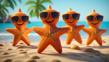 cute cartoon colorful starfish wearing sunglasses on the beachの素材