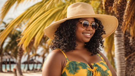 portrait of a beautiful large african american woman on the beachの素材