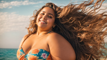 portrait of a beautiful big girl in a swimsuit against the background of the seaの素材