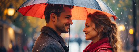 Beautiful young couple in love holding an umbrella in the rain.の素材