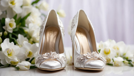 Wedding shoes with lace on the background of a bouquet of flowersの素材